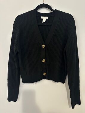 H&M Wool Blend Lightweight Ribbed Knit V-Neck Button Cardigan in Black